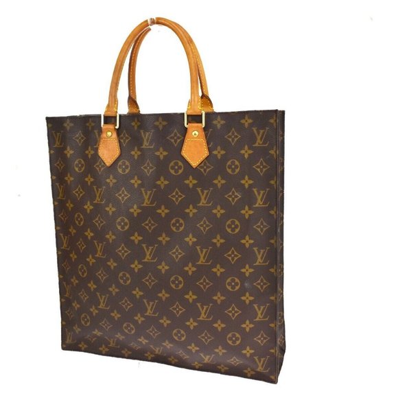 Authentic LOUIS VUITTON Logo Sac Plat Hand Tote Bag Monogram Leather Brown - Picture 9 of 10